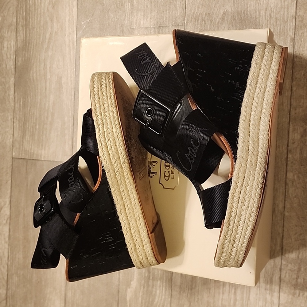 Coach Black Wedge Sandals with Tan Accents - Picture 6 of 10